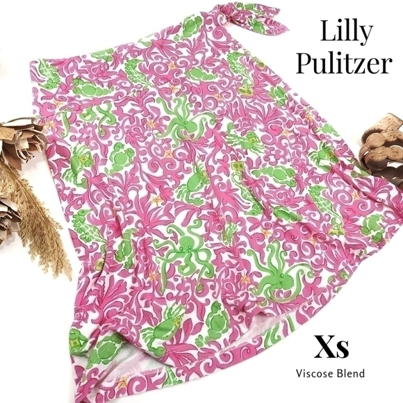 Lilly Pulitzer Pink Green Crabby Octopus Vicose Blend Stretchy Skirt Sz … - Picture 1 of 14